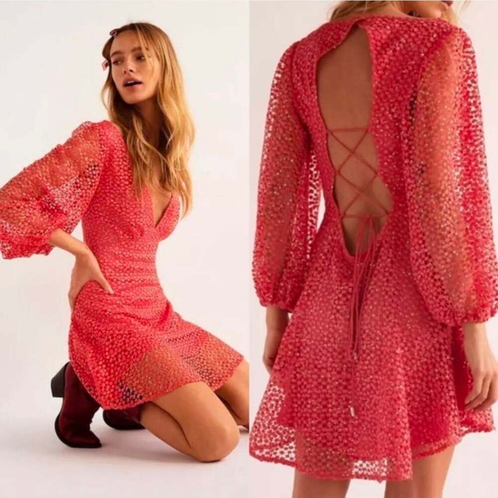 Free People Kaya Sequin Lace Mini Dress Coral Boho Coquette Fairycore sz S